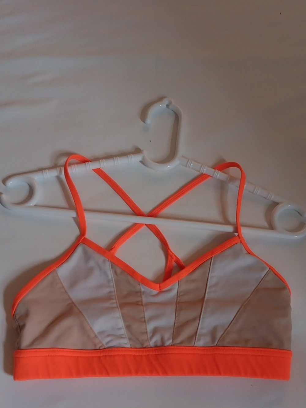 ALO Yoga White Bralette with Bright Coral Trim and Cross-Back Straps